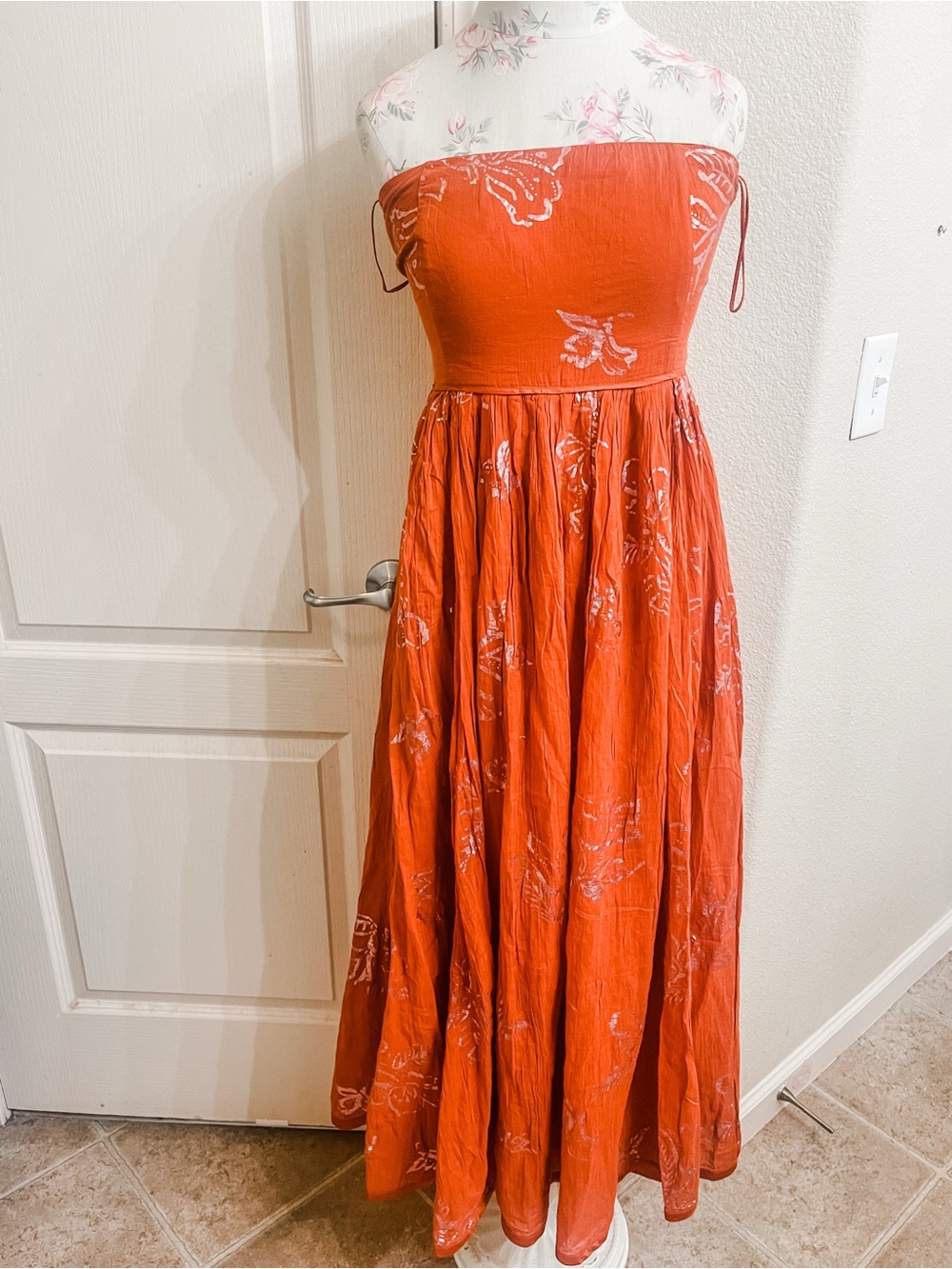 Free People Strapless Maxi Dress in Coral Orange with White Print